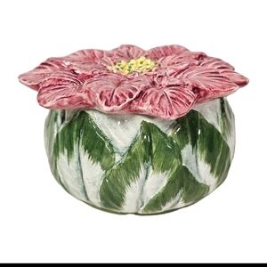 Rare Italian Majolica Hand Painted Ceramic Lidded Pink Poinsettia Trinket Jar